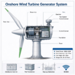 Onshore wind turbine generator system cutaway showing blades, generator, control cabinet and electrical components