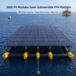 1000 PV modules semi-submersible offshore FPV platform, large dense rectangular array, horizontal pontoons, vertical columns and mooring system in square format