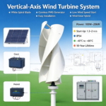 White spiral vertical-axis wind turbine with solar panels, battery storage and distribution cabinet